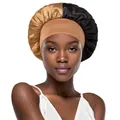 Detail of wide elastic band on two-tone gold and black satin silk sleep bonnet - One Size / Khaki and Black