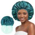 Detalle de gorros de satén en azul verde y menta con banda elástica para protección del cabello - Talla única / Azul Aqua
