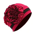 Detail of red turban hat with 3D floral accent and black contrast edging - One Size / Wine Red Black Brim
