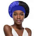 Detail of royal blue and black satin hair bonnet with wide elastic headband for hair care - One Size / Royal Blue + Black
