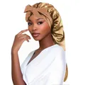Bonnet de nuit long en satin champagne avec nœud élégant pour protéger les cheveux longs - Kaki