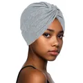 Detail view of heather gray knit turban hat featuring front twist knot on female model - One Size / Light Gray