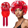 Detail of red floral satin bonnet featuring adjustable wide tie-band and large side bow - Double Layer / Red Floral
