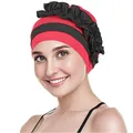Turbante da donna rosso e nero con design a fiore increspato e tessuto elasticizzato - Taglia unica / Rosso vino con volant neri