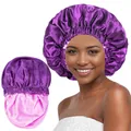 Detail of double-layered satin hair bonnet showing purple exterior and pink lining fabric - One Size / Purple