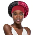 Detail of dual-color satin sleep bonnet with red elastic wide band for hair protection - One Size / Wine Red + Black