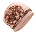 Detail of pink turban hat with a large side flower featuring brown contrast edges - One Size / Khaki With Coffee Edge