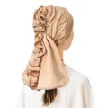 Detail view of the elegant pleated design and long drape on this beige women's turban hat - Beige