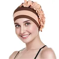 Dettaglio del turbante bicolore a righe con design a fiori a balze in maglia morbida - Taglia unica / Caffè con volant kaki