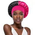 Close-up of wide elastic band and dual-tone satin fabric on the sleep bonnet - One Size / Rose Red and Black