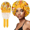 Close-up of double-layer yellow floral satin bonnet with elastic band and large bow - Double Layer / Yellow Floral
