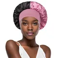 Detail of satin hair bonnet with pink elastic wide band and black silky pleated fabric - One Size / Pink Red + Black
