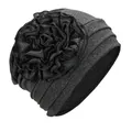 Detailed close-up of charcoal gray turban cap with layered fabric flower decoration - One Size / Dark Gray