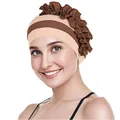 Dettaglio di un cappello a turbante floreale bicolore da donna beige e marrone scuro - Taglia unica / Kaki con volant caffè