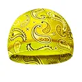 Detail of high-elastic paisley skull cap with vibrant yellow background and white patterns - One Size / Yellow