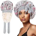 Detail view of floral satin sleep bonnet with high-elastic wide strap and smooth lining - Double Layer / Grey Floral