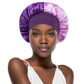 Detail of two-tone satin sleep cap showing purple and pink color splicing and elastic band - One Size / Purple + Light Purple