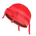 Detail of red faux silk skull cap with braided rope accents and black elastic band - One Size / Red