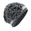 Detail of grey turban hat with side pleated flower design and elastic fabric texture - One Size / Dark Grey Light Grey Edge