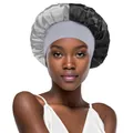 Detail view of two-tone satin hair bonnet with wide elastic band in silver and black - One Size / Grey + Black
