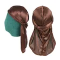 Detail view of coffee silk durag with braided band and high-gloss satin texture - Coffee