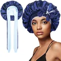 Detalle del gorro de dormir de satén de doble capa con cintas largas y lazo para el cabello - Azul marino