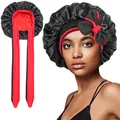Detalle del gorro de dormir de satén de doble capa con cintas y lazo rojo - Rojo