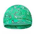 Detail view of neon green paisley bandana cap with reinforced stitching and stretch fabric - One Size / Light Green