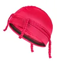 Macro detail of red satin cap with braided accents and black elastic band edge - One Size / Burgundy