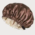Detail of adjustable strap and buckle on double-layer satin bonnet with silk texture - Coffee + Beige