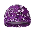Close-up of purple paisley patterned beanie cap with detailed white and black street style - One Size / Purple