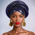 Detail view of purple metallic pleated fabric on an African style Gele headwrap scarf - Navy Blue