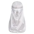 Close-up of the long-tail tie and silky satin texture on a white professional durag - White