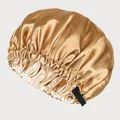 Detail of adjustable black buckle on golden double-layer satin bonnet for hair care - Khaki + Beige