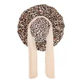 Detail of leopard print kids satin bonnet featuring wide elastic ribbon ties and silky texture - Leopard Print