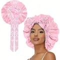 Pink satin hair bonnet with long tribal print ties for adjustable protection and comfort - One Size / Geometric Tribal Tie Style / Pink