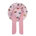 Detailed view of pink satin hair bonnet with butterfly print and wide adjustable straps - Pink Butterfly