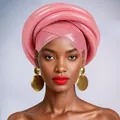 Detail of pink African pleated gele headwrap with silk texture and golden earrings - Bean Paste Red