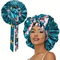 Detailed peacock blue satin bonnet showing smooth texture and long floral ribbons - One Size / Butterfly Floral Tie Style / Aqua Blue