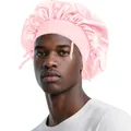 Detail of pink satin sleep cap with wide elastic band and adjustable front tie strings - One Size / Pink
