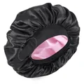 Zweilagige Satin Schlafhaube zur Haarpflege mit verstellbarem Gummiband in Schwarz und Rosa - Einheitsgröße / Schwarz Mit Rosa Futter