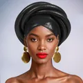 Detail of black textured Gele headwrap paired with large gold geometric disc earrings - Black