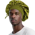Detail of olive green satin hair bonnet with wide stretch band on a female model - One Size / Grass Green