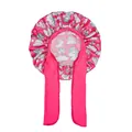 Detail of pink satin sleep cap featuring unicorn patterns and long ribbon ties for hair care - Rose Pink Unicorn