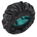 Verstellbare doppellagige Satin-Schlafhaube mit breitem Gummiband und grünem Futter - Einheitsgröße / Schwarz Mit Dunkelgrünem Futter