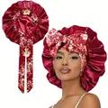 Macro detail of wine red satin bonnet showing floral lace headband and silk bow ribbon - One Size / Dainty Floral Print Tie Style / Burgundy