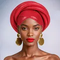 Close-up of a layered red sponge turban cap with metallic gold double disc earrings - Red