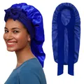 Detail of royal blue satin sleep bonnet featuring a front bow and long tail for hair care - Sapphire Blue