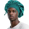 Close-up of deep teal satin bonnet for men with wide elastic band and braided rope detail - One Size / Aqua Blue