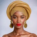 Close-up of metallic gold pleated Gele headwrap and large matching drop earrings set - Ginger Yellow